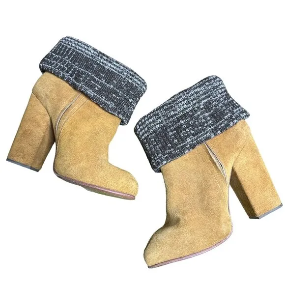 Rachel Comey Colton Ankle Boot Fold-Over Knit Cuff Tan Suede Size 6.5