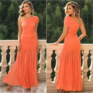 Radiant Royalty One-Shoulder Ruched Dress - Orange