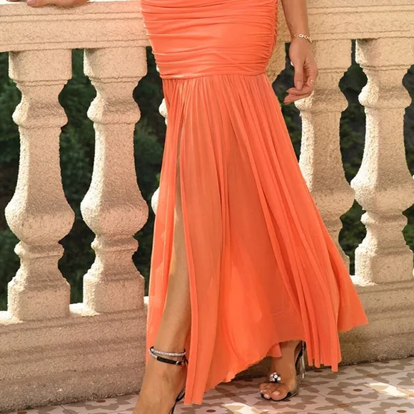 Radiant Royalty One-Shoulder Ruched Dress - Orange