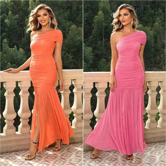 Radiant Royalty One-Shoulder Ruched Dress - Orange