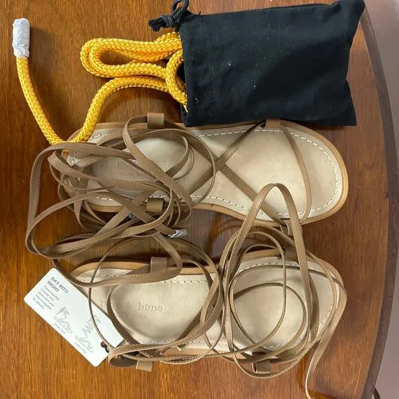 Rag &amp; Bone Gladiator Sandal SIZE 6.5 Tan Festival Gold Ankle Wrap Laces $375 NEW