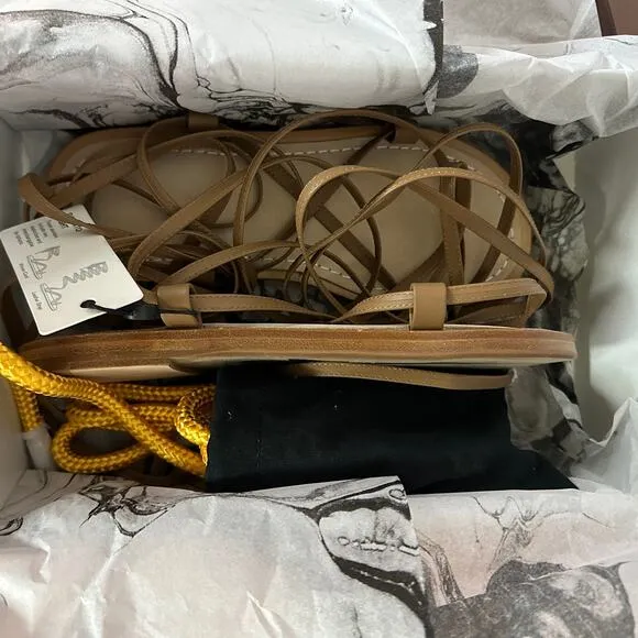 Rag &amp; Bone Gladiator Sandal SIZE 6.5 Tan Festival Gold Ankle Wrap Laces $375 NEW