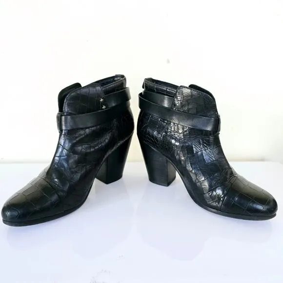 Rag &amp; Bone Harrow Leather Crocodile Embossed Ankle Boots Black Women Size 39 8.5
