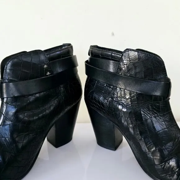 Rag &amp; Bone Harrow Leather Crocodile Embossed Ankle Boots Black Women Size 39 8.5