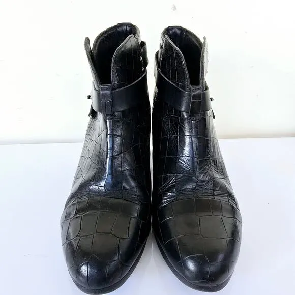 Rag &amp; Bone Harrow Leather Crocodile Embossed Ankle Boots Black Women Size 39 8.5