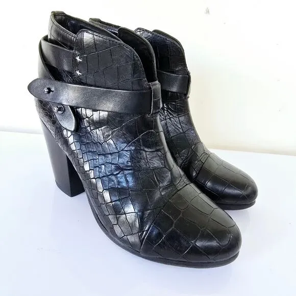 Rag &amp; Bone Harrow Leather Crocodile Embossed Ankle Boots Black Women Size 39 8.5