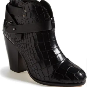 Rag &amp; Bone Harrow Leather Crocodile Embossed Ankle Boots Black Women Size 39 8.5