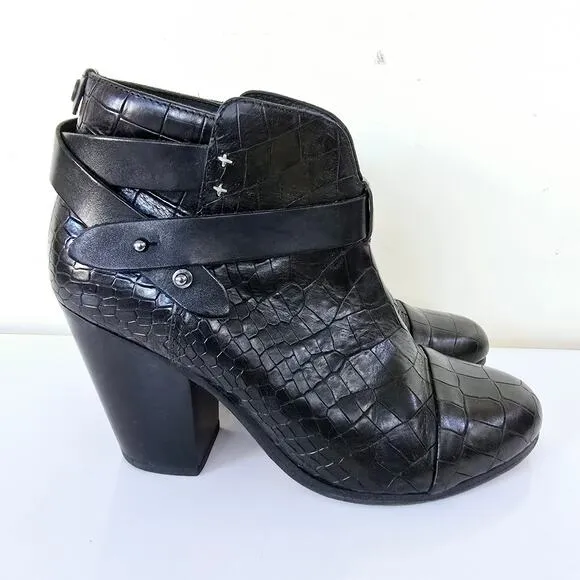 Rag &amp; Bone Harrow Leather Crocodile Embossed Ankle Boots Black Women Size 39 8.5