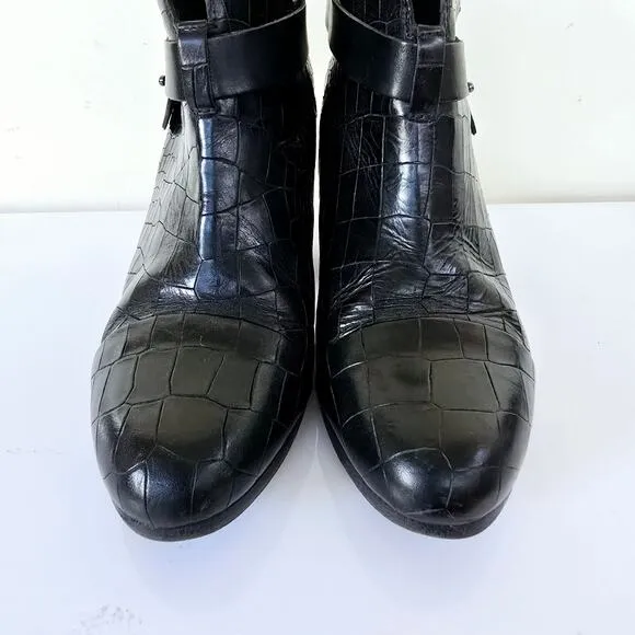 Rag &amp; Bone Harrow Leather Crocodile Embossed Ankle Boots Black Women Size 39 8.5