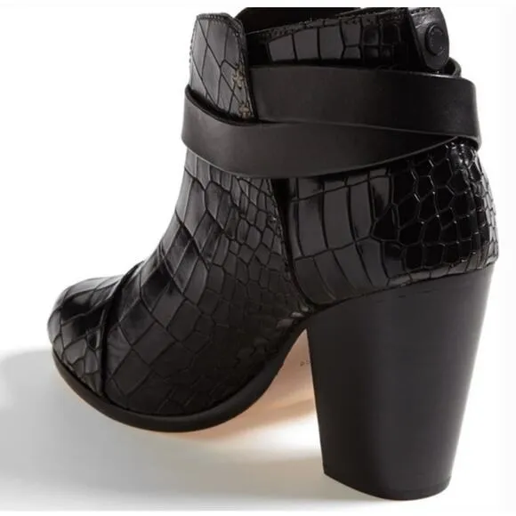 Rag &amp; Bone Harrow Leather Crocodile Embossed Ankle Boots Black Women Size 39 8.5