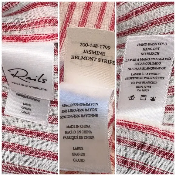 Rails Jasmine Belmont Red Linen Cream Stripe Smock Waist Long Sleeve Dress Large