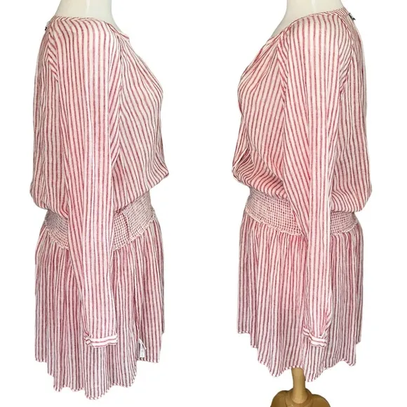 Rails Jasmine Belmont Red Linen Cream Stripe Smock Waist Long Sleeve Dress Large