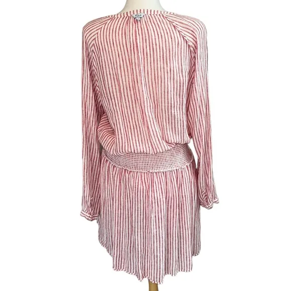 Rails Jasmine Belmont Red Linen Cream Stripe Smock Waist Long Sleeve Dress Large