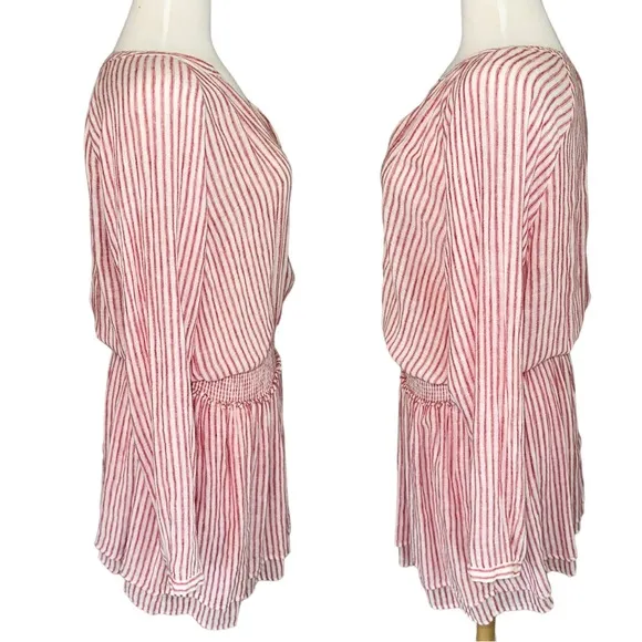 Rails Jasmine Belmont Red Linen Cream Stripe Smock Waist Long Sleeve Dress Large
