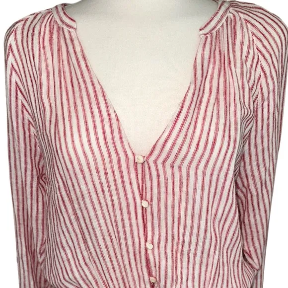 Rails Jasmine Belmont Red Linen Cream Stripe Smock Waist Long Sleeve Dress Large