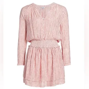 Rails Jasmine Belmont Red Linen Cream Stripe Smock Waist Long Sleeve Dress Large