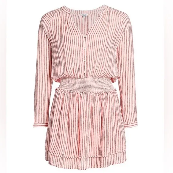 Rails Jasmine Belmont Red Linen Cream Stripe Smock Waist Long Sleeve Dress Large