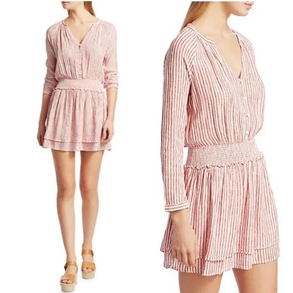 Rails Jasmine Belmont Red Linen Cream Stripe Smock Waist Long Sleeve Dress Large