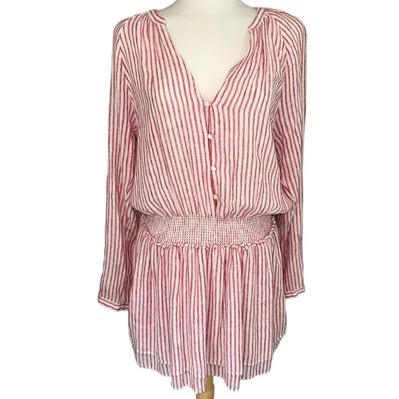 Rails Jasmine Belmont Red Linen Cream Stripe Smock Waist Long Sleeve Dress Large