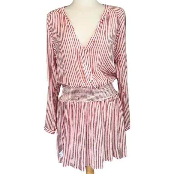 Rails Jasmine Belmont Red Linen Cream Stripe Smock Waist Long Sleeve Dress Large