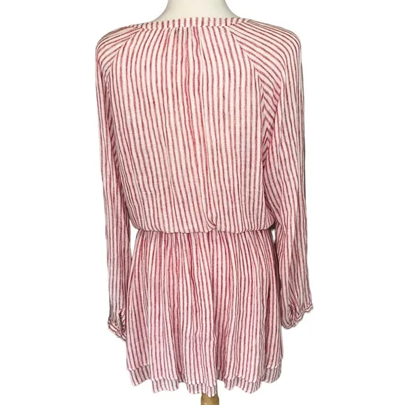 Rails Jasmine Belmont Red Linen Cream Stripe Smock Waist Long Sleeve Dress Large