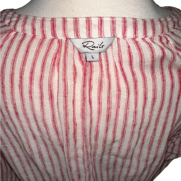 Rails Jasmine Belmont Red Linen Cream Stripe Smock Waist Long Sleeve Dress Large