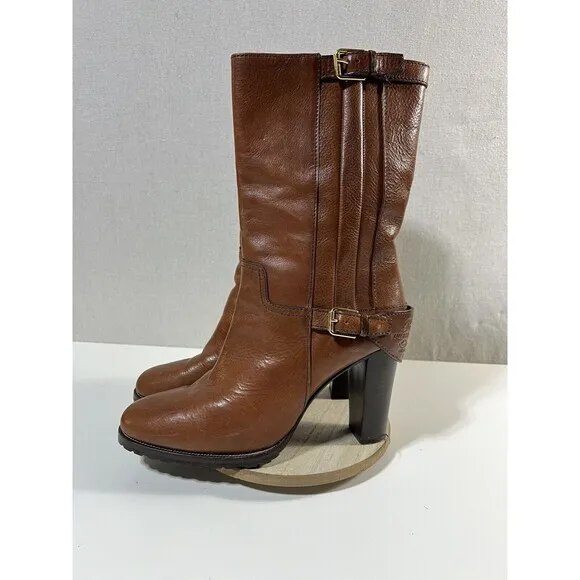 Ralph Lauren Collections Purple Label Brown Leather Heeled Mid-Calf Boots 9