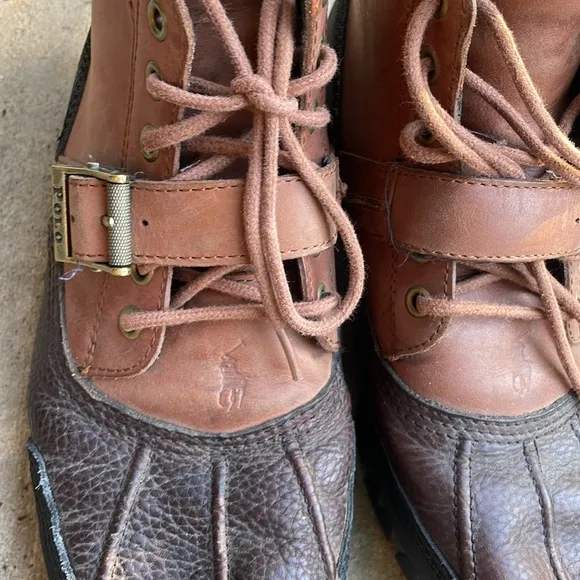 Ralph Lauren Polo Tyrek duck leather Boots brown tan strap across used nice 11.5