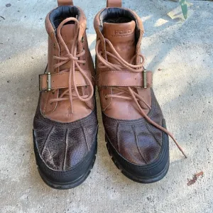 Ralph Lauren Polo Tyrek duck leather Boots brown tan strap across used nice 11.5