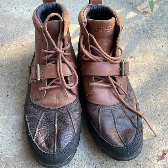 Ralph Lauren Polo Tyrek duck leather Boots brown tan strap across used nice 11.5