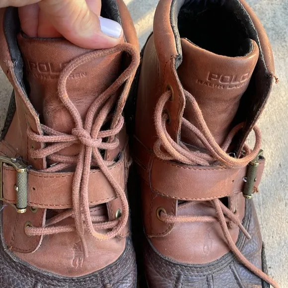 Ralph Lauren Polo Tyrek duck leather Boots brown tan strap across used nice 11.5