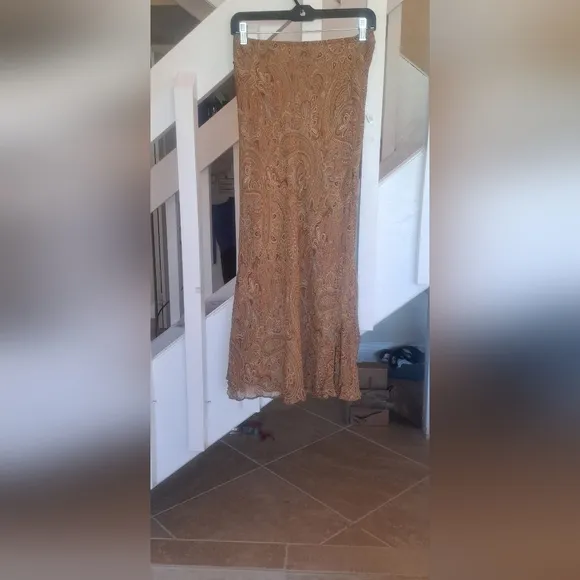 Ralph Lauren Silk Paisley  Tans / Brown Maxi Skirt with Ruffles elastic Waist S