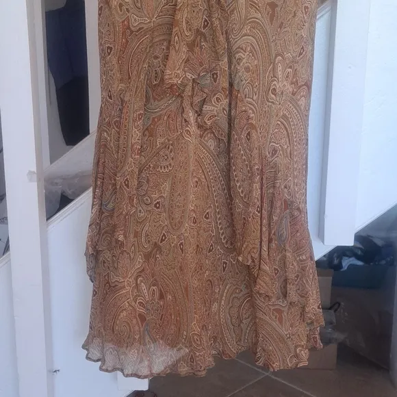 Ralph Lauren Silk Paisley  Tans / Brown Maxi Skirt with Ruffles elastic Waist S