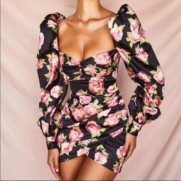RARE House of CB 'Amaryllis' Rose Print Puff Shoulder Dress NWOT