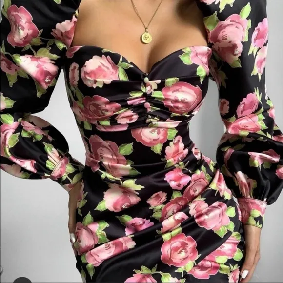 RARE House of CB 'Amaryllis' Rose Print Puff Shoulder Dress NWOT