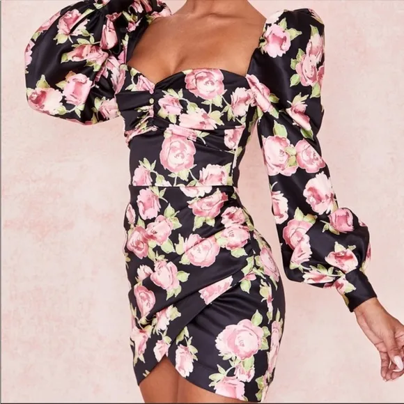RARE House of CB 'Amaryllis' Rose Print Puff Shoulder Dress NWOT