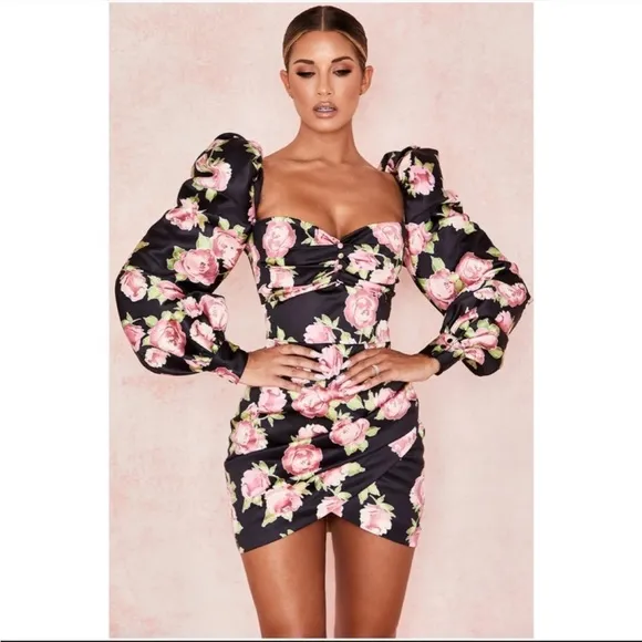 RARE House of CB 'Amaryllis' Rose Print Puff Shoulder Dress NWOT