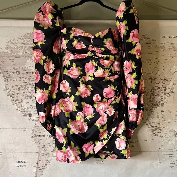 RARE House of CB 'Amaryllis' Rose Print Puff Shoulder Dress NWOT