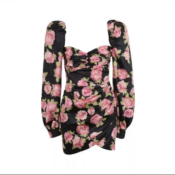 RARE House of CB 'Amaryllis' Rose Print Puff Shoulder Dress NWOT