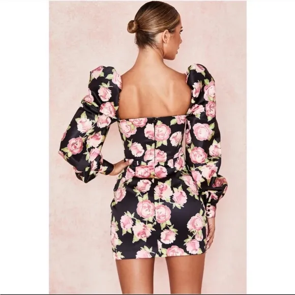 RARE House of CB 'Amaryllis' Rose Print Puff Shoulder Dress NWOT