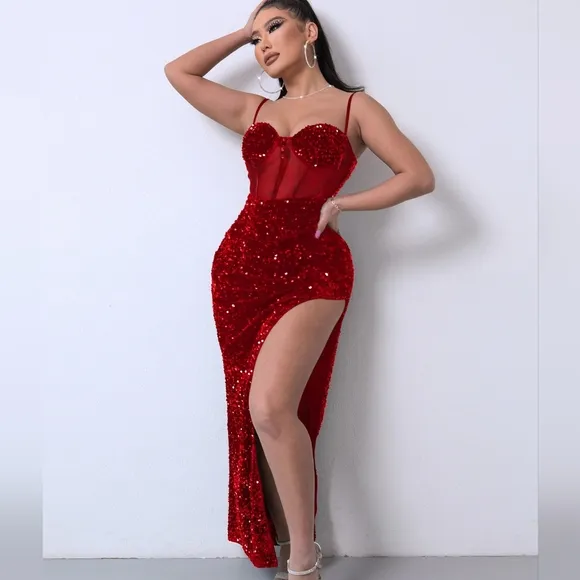 Red Glam Sequin Mesh Dress with Adjustable Straps