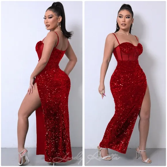 Red Glam Sequin Mesh Dress with Adjustable Straps
