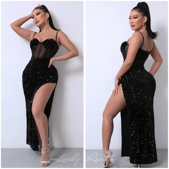 Red Glam Sequin Mesh Dress with Adjustable Straps