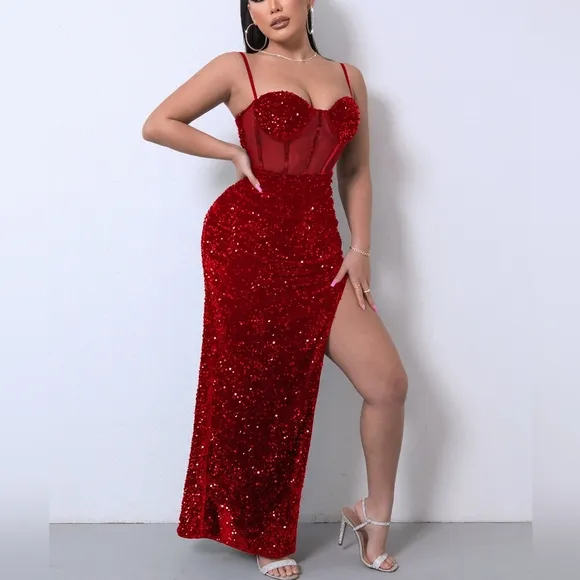 Red Glam Sequin Mesh Dress with Adjustable Straps