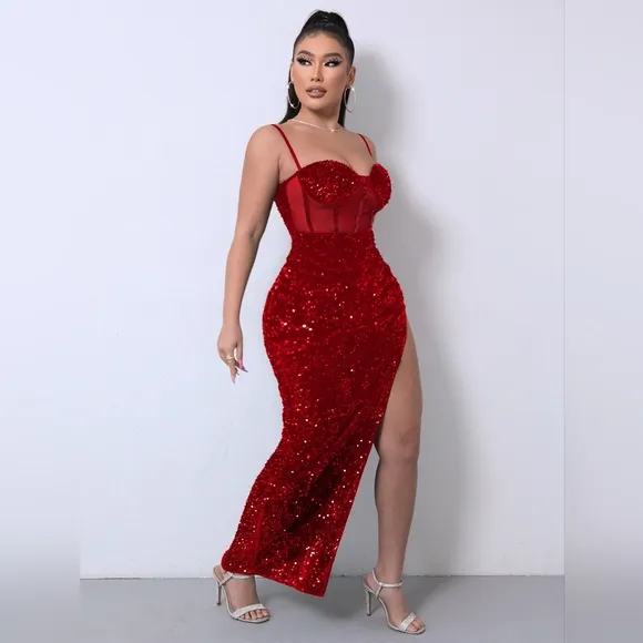 Red Glam Sequin Mesh Dress with Adjustable Straps