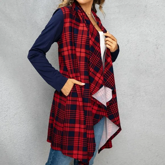 Red Plaid Open Front Cardigan