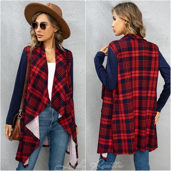 Red Plaid Open Front Cardigan