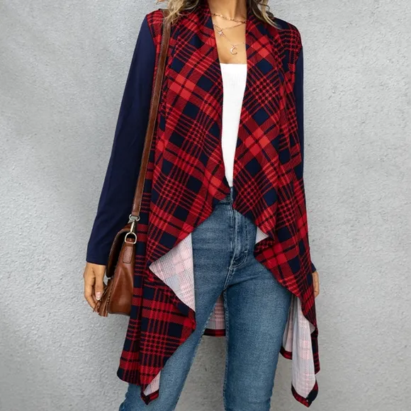 Red Plaid Open Front Cardigan