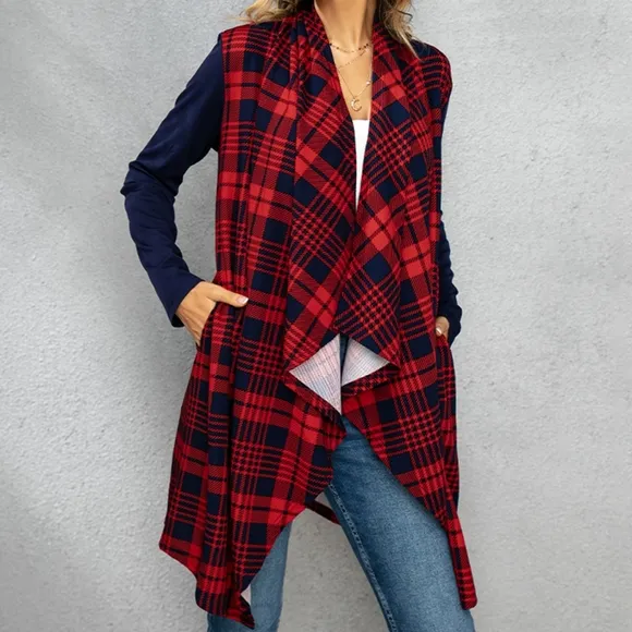 Red Plaid Open Front Cardigan