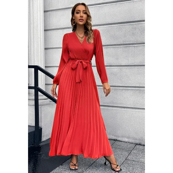Red Pleated Maxi Dress